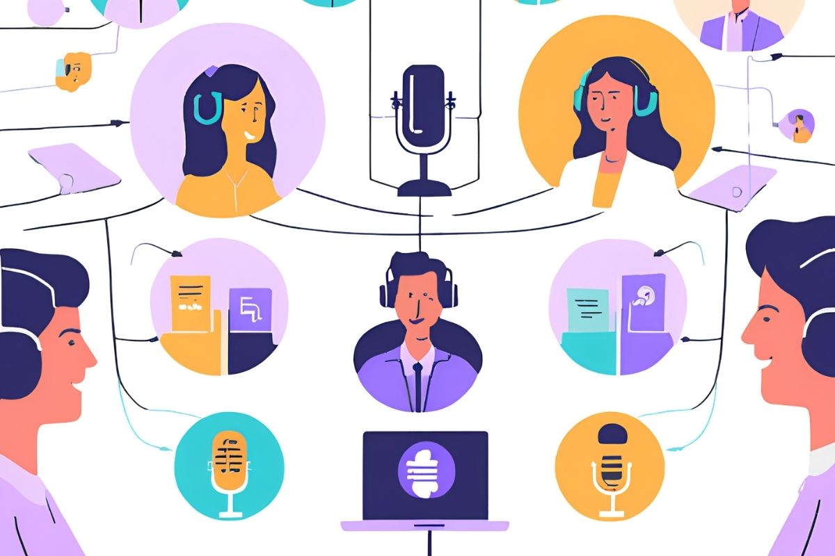 Internal company podcast graphics connecting a team