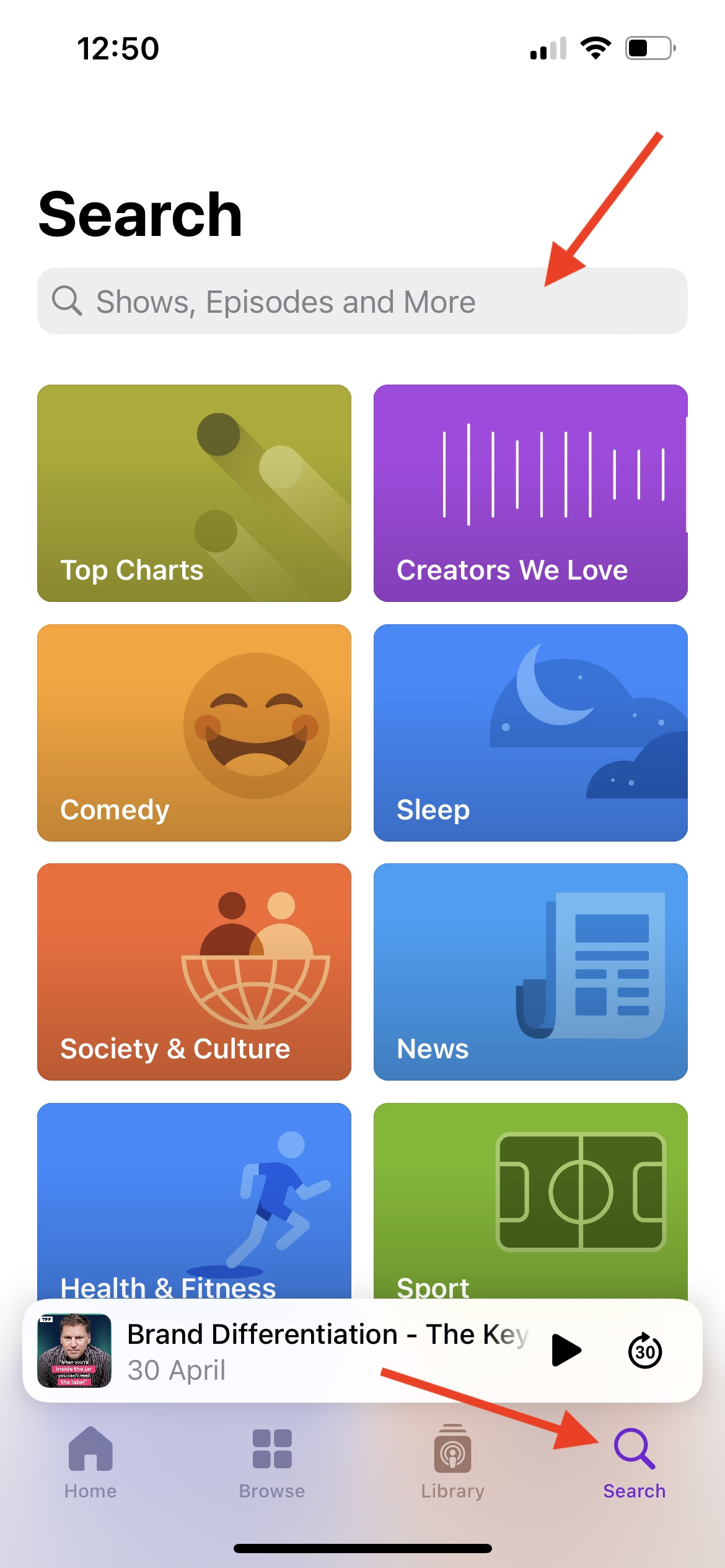 How to leave a review on apple podcasts - search on apple podcasts on iPhone