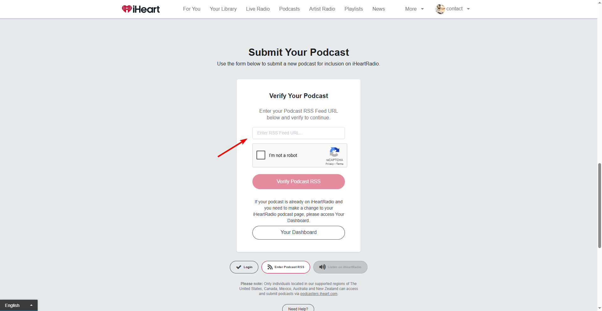 Paste RSS feed on iHeart Radio Podcast Submission Page