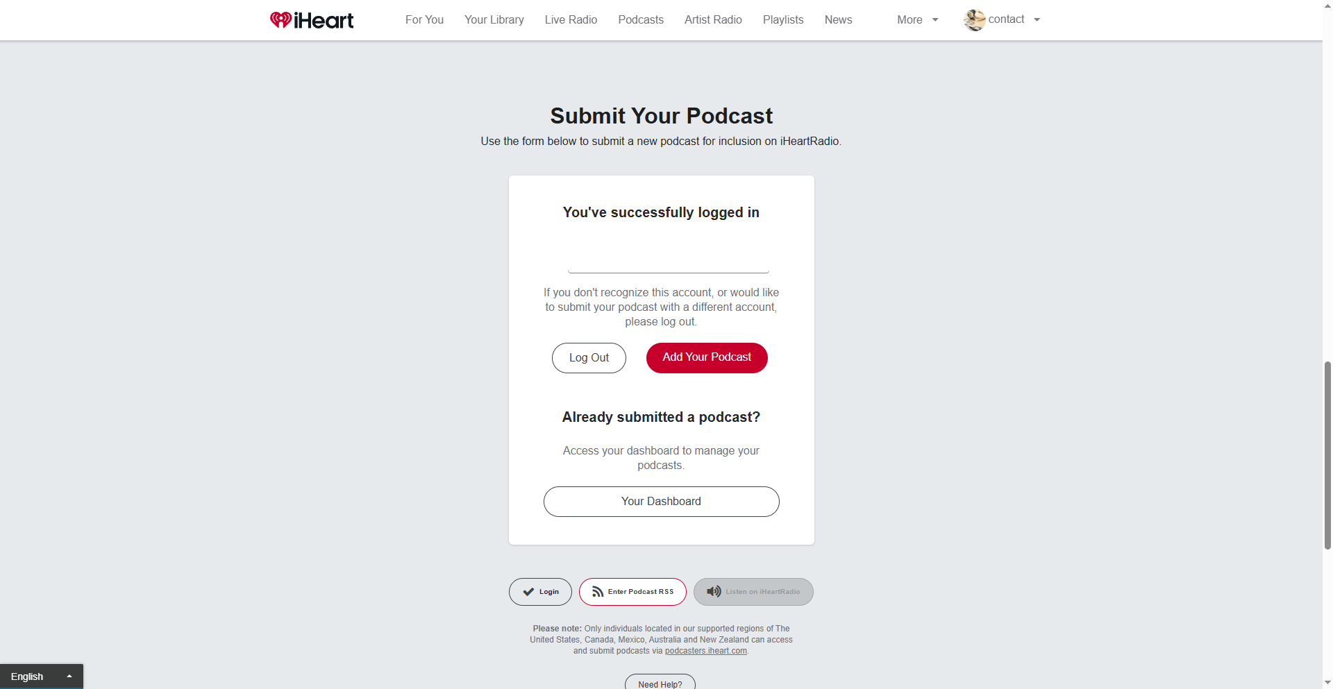 Podcast Submission Page on iHeart Radio