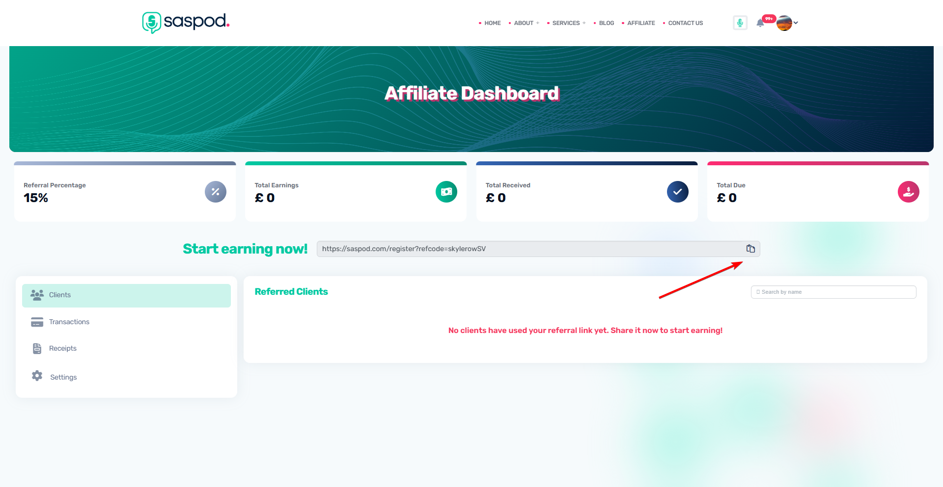 Copy referral link - podcast affiliate program dashboard