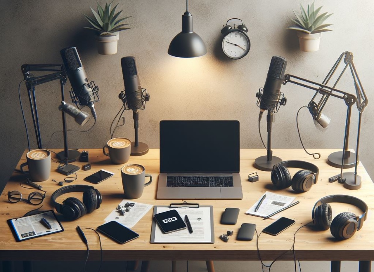 Ai generated podcast desk and laptop
