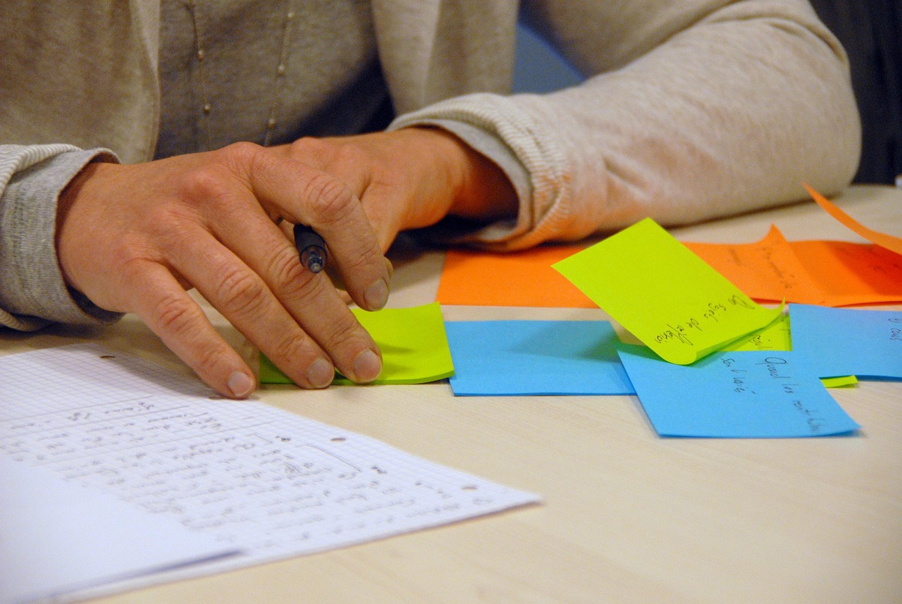 brainstorming ideas onto paper and post it notes