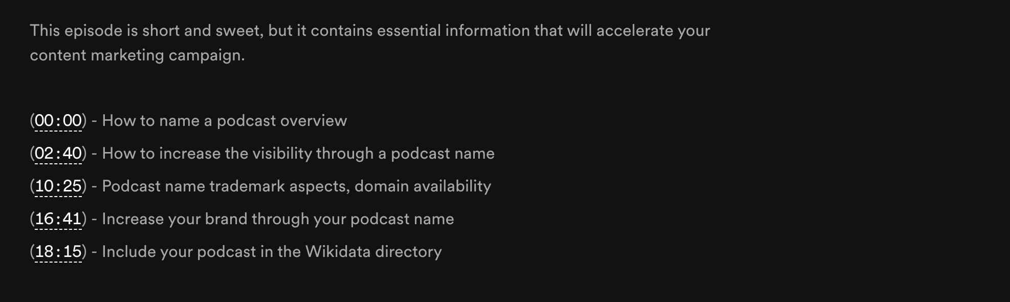 Timestamps example in podcast show notes