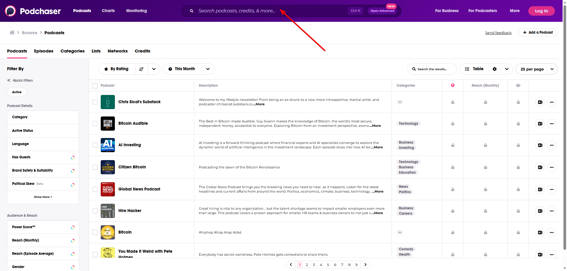 How to search for podcasts on Podchaser