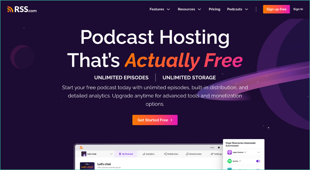 RSS.com best free podcast hosting platform