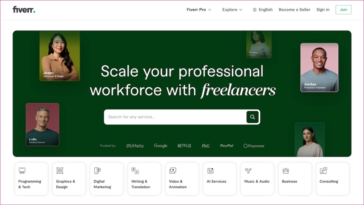 Fiverr freelancer website homepage