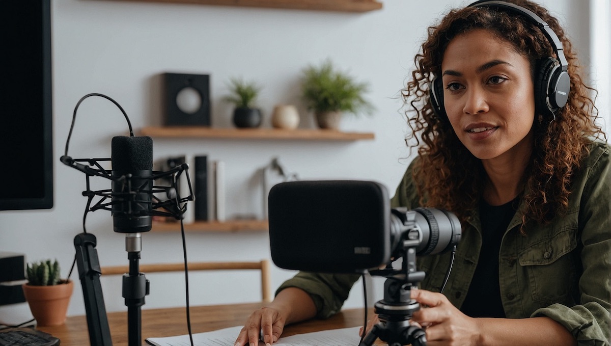 How to Record a Podcast, a woman sat at a desk recording a podcast