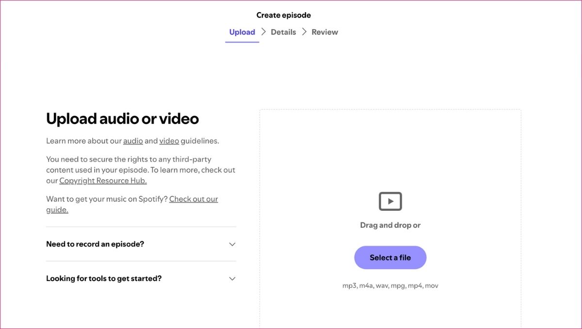 Screenshot of Spotify for Podcasters first episode upload webpage