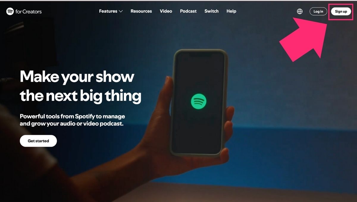 Screenshot of Spotify for Creators homepage for sign up and log in