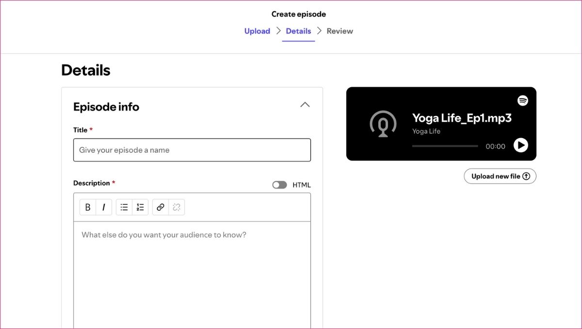 Add title, description, and other information for your podcast on Spotify