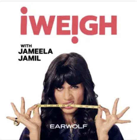 iWeigh cover featuring a photo of the host, Jameela Jamil, biting a measuring tape.