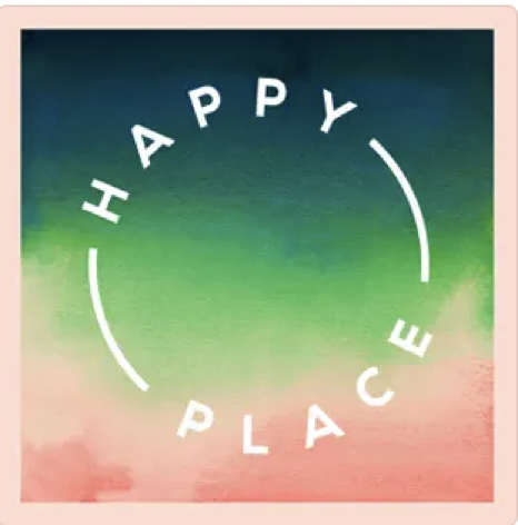 Happy Place cover featuring a blue, green, and pink watercolor background.