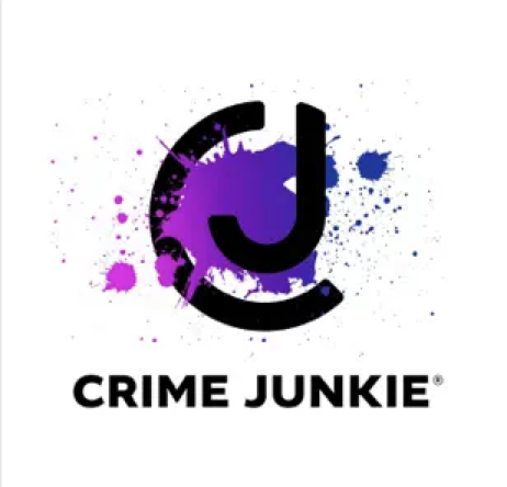 Crime Junkie cover featuring a logo with the letters "C" and "J" with a purple spray paint background.