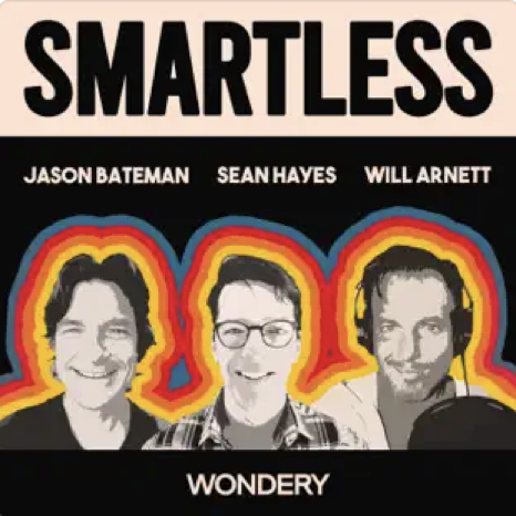 SmartLess cover featuring an image of the three hosts, Jason, Sean, and Will.