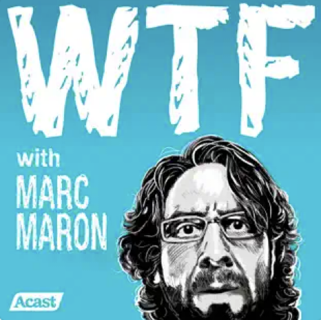 WTF with Marc Maron cover featuring a blue background and a pencil drawing of Marc's face.