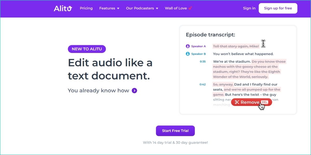 Alitu's podcast AI audio editor