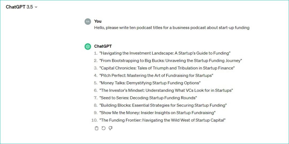 ChatGPT generating ten podcast titles