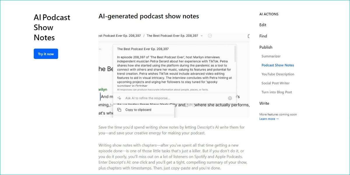 Descript's AI show note copywriting technology