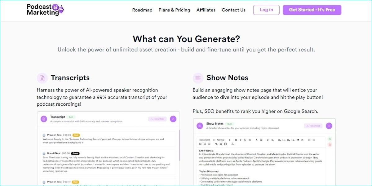 Podcastmarketing.ai provides advanced features for content marketing