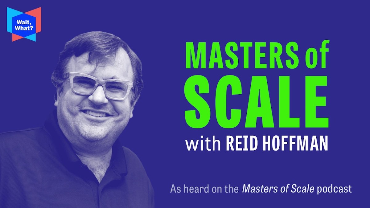 Masters of Scale cover featuring a bright green background and a drawing of Reid Hoffman in blue.