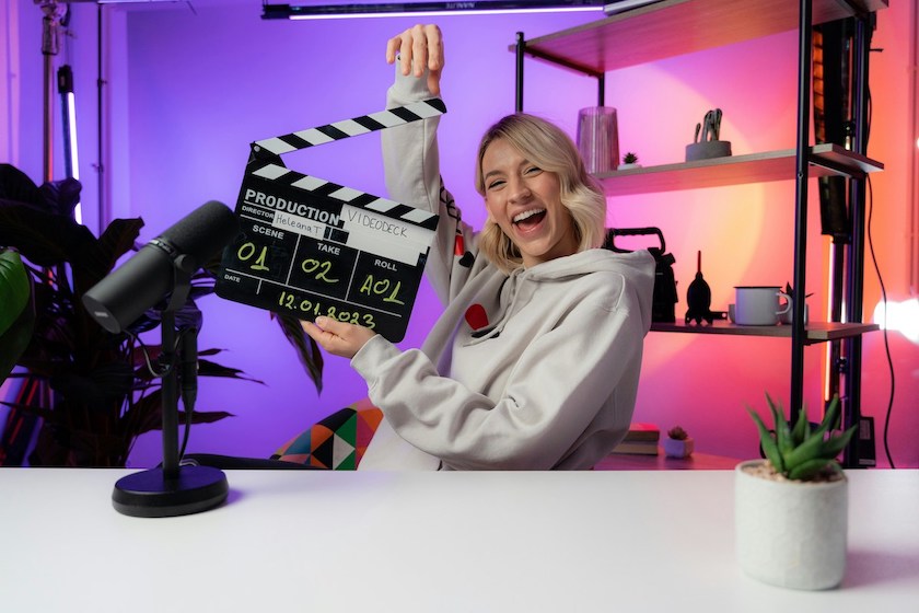 A woman holding a clapper in front of a camera for podcasting