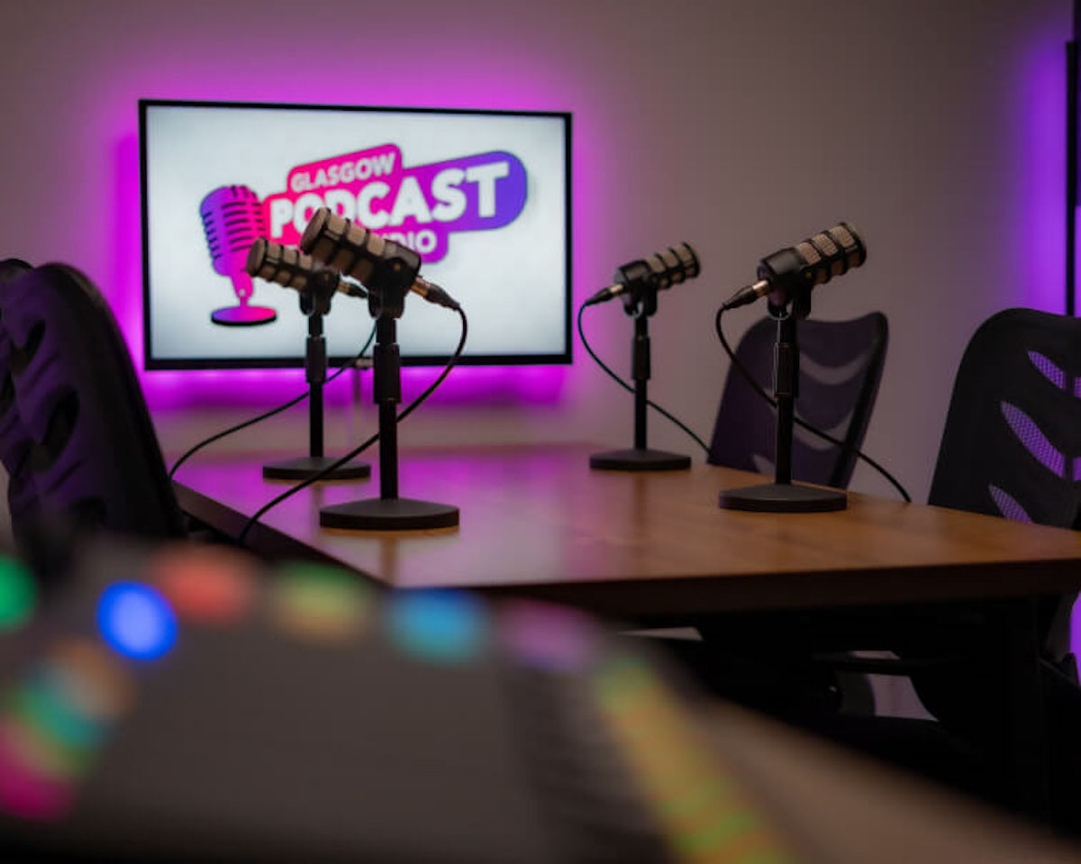 Image of Glasgow Podcast Studio with podcasting mircrophones